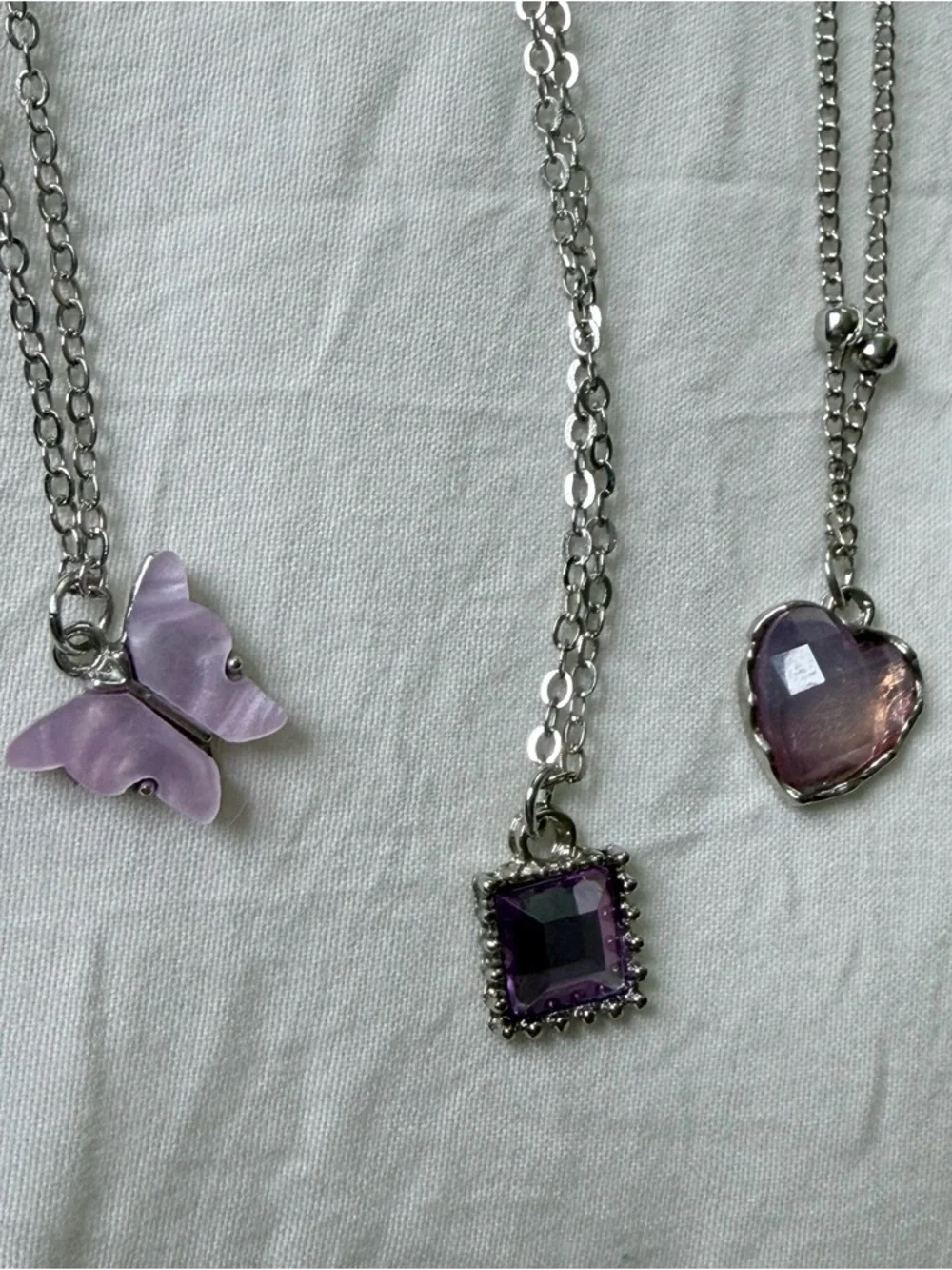Brand New Y2K Silver Purple Fairycore Butterfly Heart Charm Pendant Necklace Set